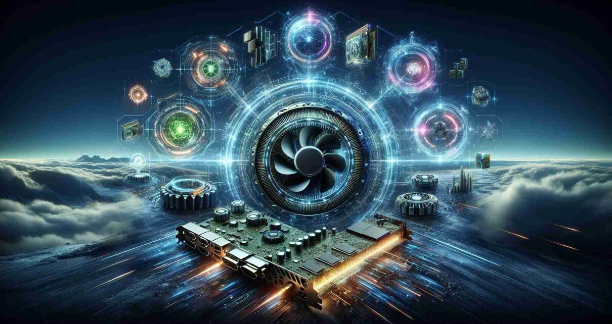 Generate an image depicting the future of gaming technology. Picture state-of-the-art graphics processing units (GPUs), exuding power and cutting-edge technology. Additionally, envision elements symbolizing superior performance, like high speed data transfers, lifelike graphics and ultra-high resolution. Make it look like a futuristic scene.