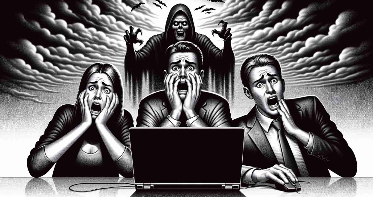 Generate a realistic high-definition image depicting an alarmed trio of individuals representing 'Windows Users'. These users are depicted with terrified expressions on their faces, indicative of the severity of the security threats they face. Use visual metaphors to symbolise the three threats - perhaps sinister figures or ominous clouds looming in the background. Remember, the illustration should effectively convey a sense of urgency and danger associated with using an unsafe operating system, but also fit the tone of a modern digital-era warning.